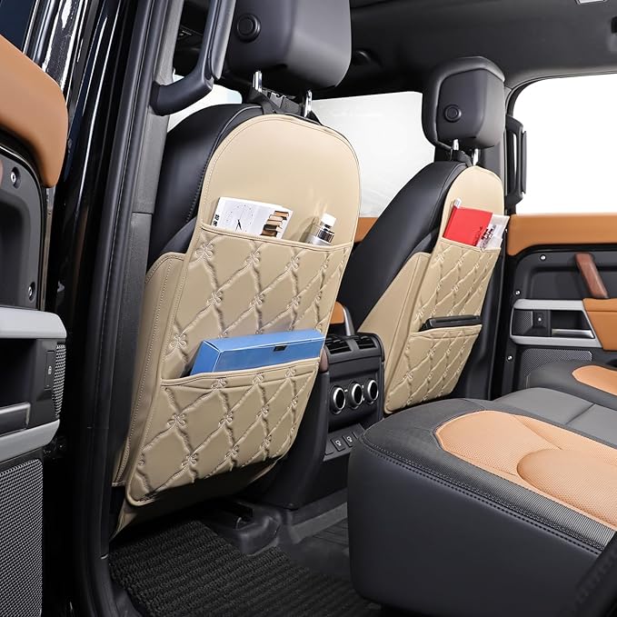 Seat Back Protector + Large Capacity Pocket Storage Organizer,Preventing The Impact of Children Stepping on The Seat Backrest (Style B-Beige)