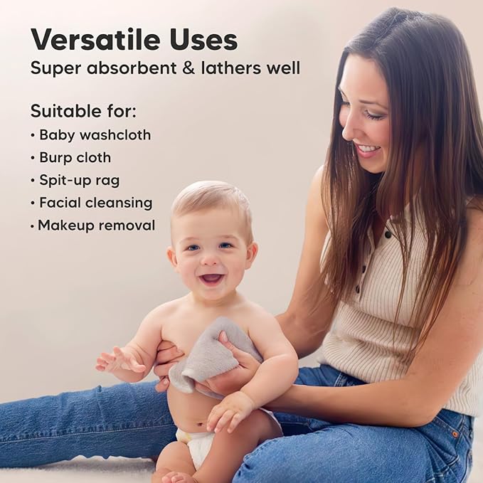 6-Pack Soft Baby Washcloths, Viscose from Bamboo - Kids, Newborn Bath Towels, Infant Shower, Toddler Reusable Face Towel, Gentle on Skin, Face Wash Cloths for Babies, 10x10 (White/Stone)