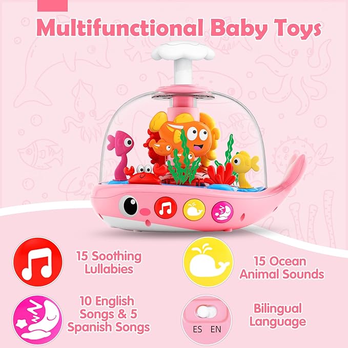 Baby Girl Toys 6-12 Months - Press & Spin Aquarium Light Up Musical Toy for Infant Toy 9-12-18 Months - Bilingual Learning Toddler Toys for 1 2 3 Year Old Boy Girl (Pink)