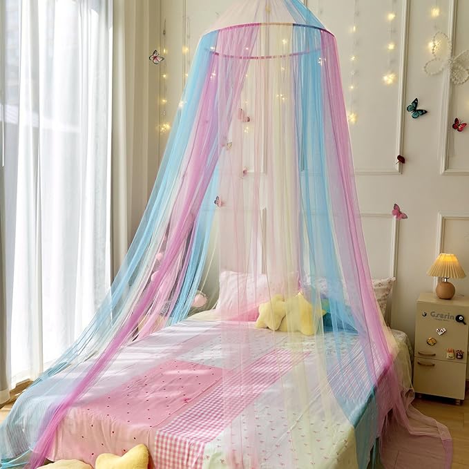 Rainbow Bed Canopy for Girls,X-Large Princess Canopy Hanging Netting Bedroom Decor for Girls Mosquito Net for Baby Crib, Twin to King Size Bed
