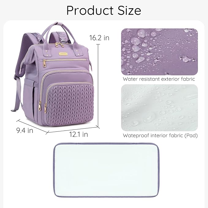 AIJIEKE Diaper Bag, Large Wide-Open Baby Diaper Backpack, Multi-functional Baby Travel Tote Bag, Diaper Bag with Changing Pad, Diaper Bags for Mom & Maternity (Purple)
