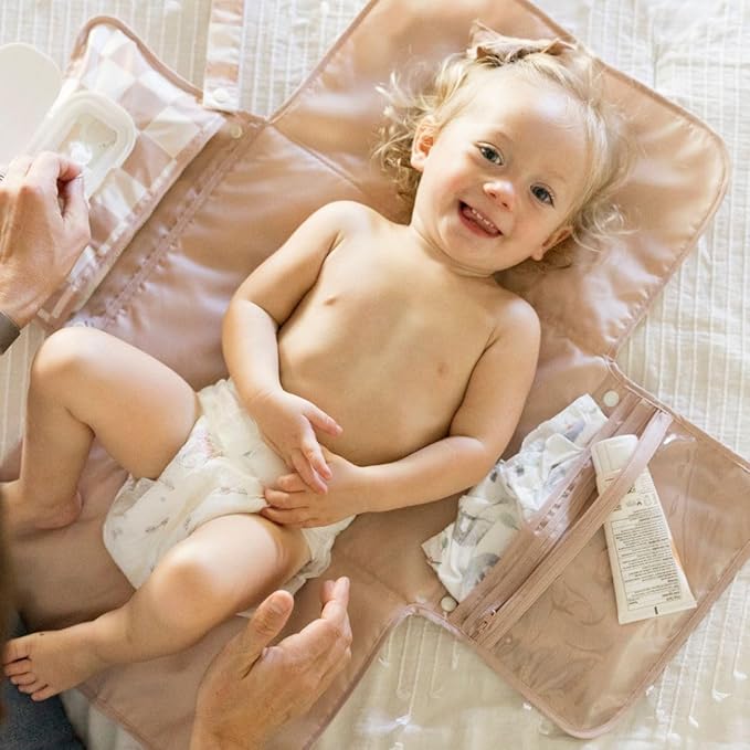 Tiny Twinkle Portable Diaper Changing Pad – Foldable, Waterproof & Compact Travel Changing Mat with Storage | Smart Wipes Pocket for On-The-Go Parents(Beige Checkers)