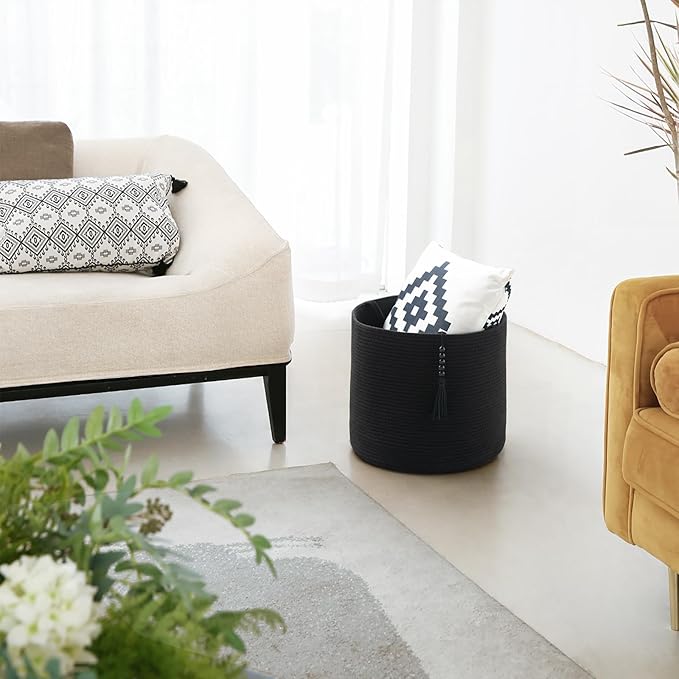 Mkono Woven Storage Basket Decorative Natural Rope Basket Wooden Bead Decoration for Blankets,Toys,Clothes,Shoes,Plant Organizer Bin with Handles Living Room Home Decor, 16"W×13.8"L, Black