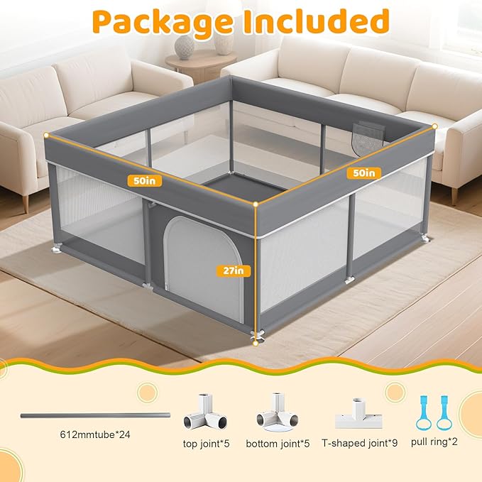 50x50 Inch Baby Playpen - Playpen for Babies and Toddlers, Baby Play Yard for Indoor & Outdoor, Toddler Fence Play Area with Skin-Friendly Fabric and Soft Breathable Mesh, Dark Grey
