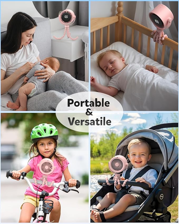 AMACOOL Baby Stroller Fan, Rechargeable Portable Clip on Fan, 17H Cooling with 5 Speeds, LED Display, 360°Rotate Personal Cooling Fans for Car Seat, Crib, Travel, Camping, Gifts for New Parents