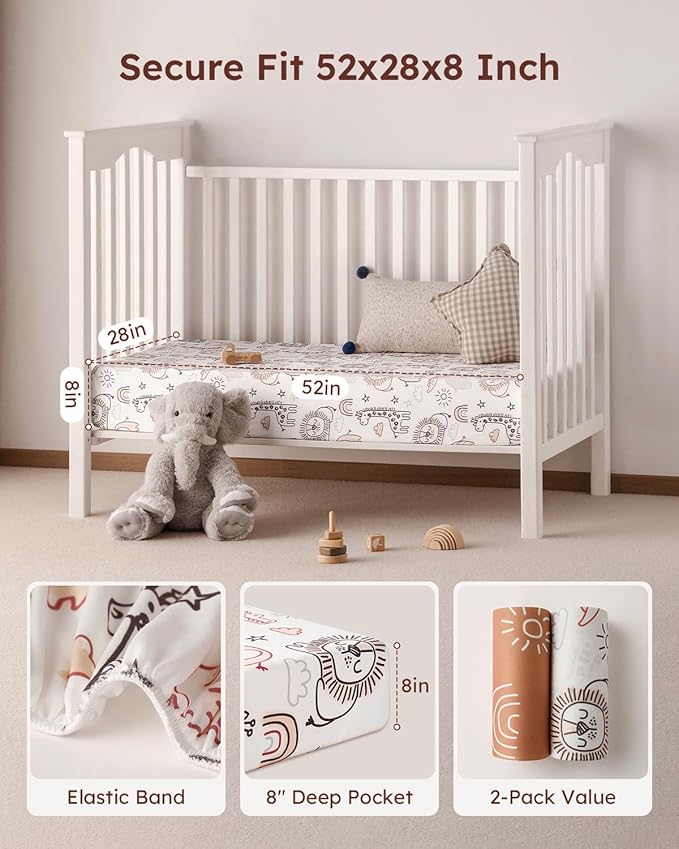Yoofoss Baby Crib Sheets 2 Pack for Boys and Girls - 52x28 Fitted Crib Sheet Neutral Fits for Standard Crib and Toddler Mattress, Ultra Soft Breathable Microfiber Animal World