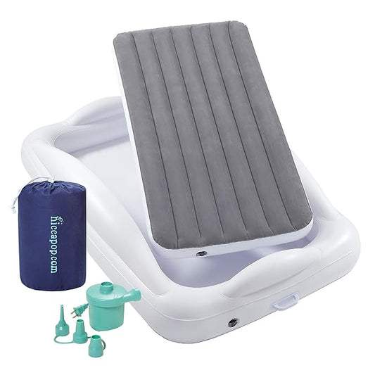 hiccapop Inflatable Toddler Travel Bed with Safety Bumpers [4-Sided], Portable Toddler Bed for Kids, Toddler Air Mattress, Kids Air Mattress - Grey