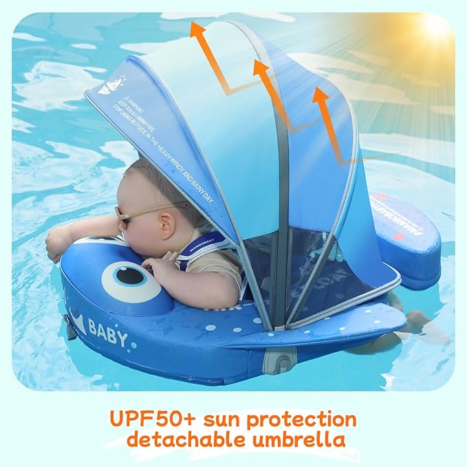 Mambobaby Float with Canopy and Tail New Upgraded Non-Inflatable Baby Pool Float Mambo Float Swim Trainer Solid Infant Swim Float Adjustable Pearl Foam Baby Swim Ring