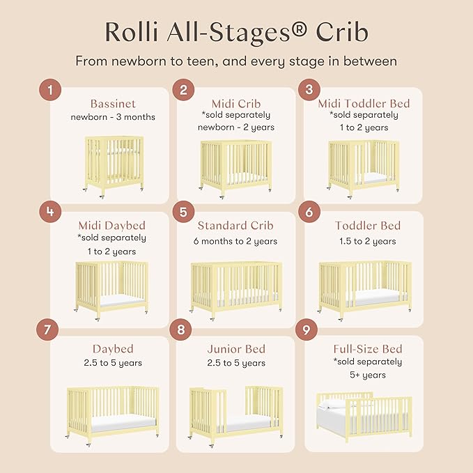Babyletto Rolli 9-in-1 Convertible Baby Crib with Wheels - Includes Conversion Kits for Bassinet, Standard Crib, Toddler Bed, Daybed & Junior Bed - GREENGUARD Gold - 3 Adjustable Heights - Pale Yellow