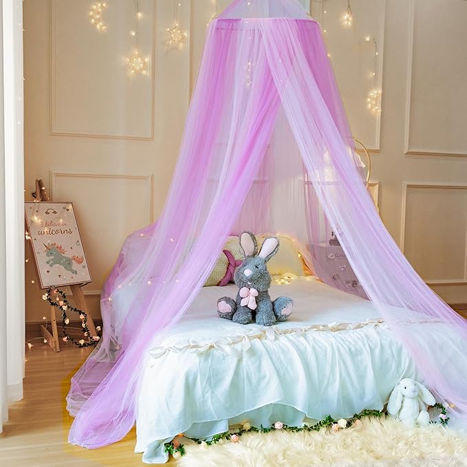 Pink Purple Bed Canopy for Girls,Princess Hanging Netting for Kids Bed Room Decor Mosquito Net for Baby Crib, Twin to King Size Bed