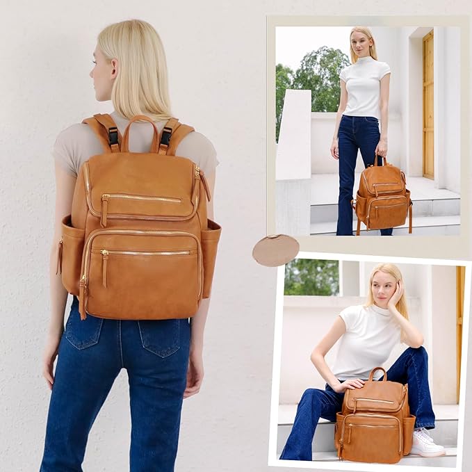 Diaper Bag Backpack Large Baby Diaper Bag Leather with 17 Diaper Bag Organizing Pouches,Changing Pad,Stroller Straps,4 Insulated Pockets,Honey