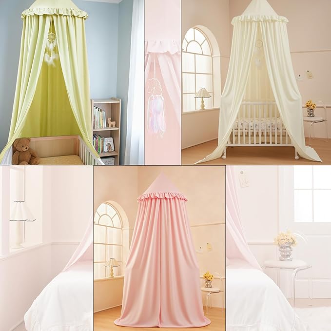 Akiky Kids Bed Canopy for Crib & Twin Size with Ruffles Dreamcatcher, Boys Princess Girls Nursery Room Decor Toddler Baby Dome Round Hanging Tent Curtains Skirt Over Bed Reading Nook Play Yellow