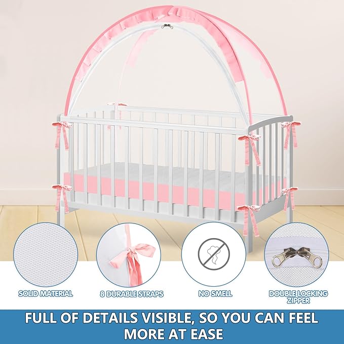 Crib Tent - Crib Net to Keep Baby in - Stop Baby from Climbing Out of Crib, Pop Up Crib Tent with Durable Breathable Net Double Zipper Strong Rods Installation (Pink, Large)
