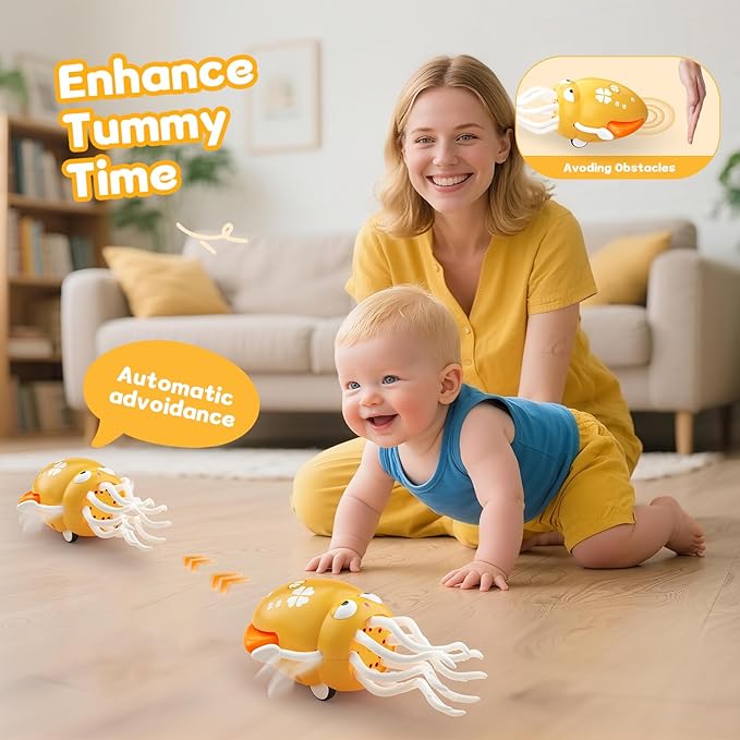 Dancing Octopus Baby Toy: Tummy Time Toys Electric Crawling Squid 3 4 5 6 7 8 9 10 11 12 Year Old Boy Learning Walking 3-6 Toddler Age 36 Months Music Development Kids Girl 1st Birthday Gifts (Yellow)