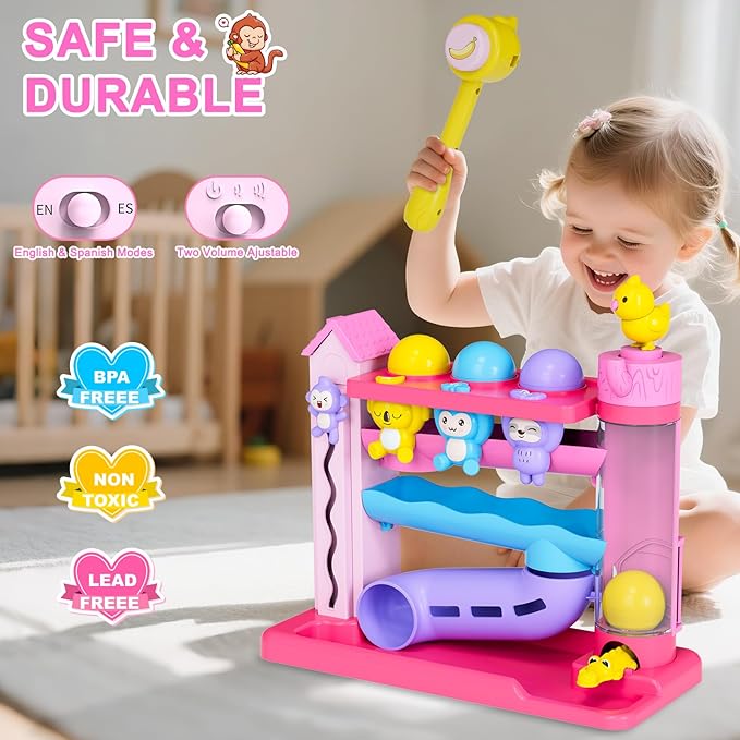 Musical Toy for 1-2 Year Old Girls,Educational Baby Toys 12-18 Months,Ball Drop Toy with English & Spanish,Fine Motor Toys for Toddlers 1-3,Birthday Gift for 1+ Year Old Girl (Pink)