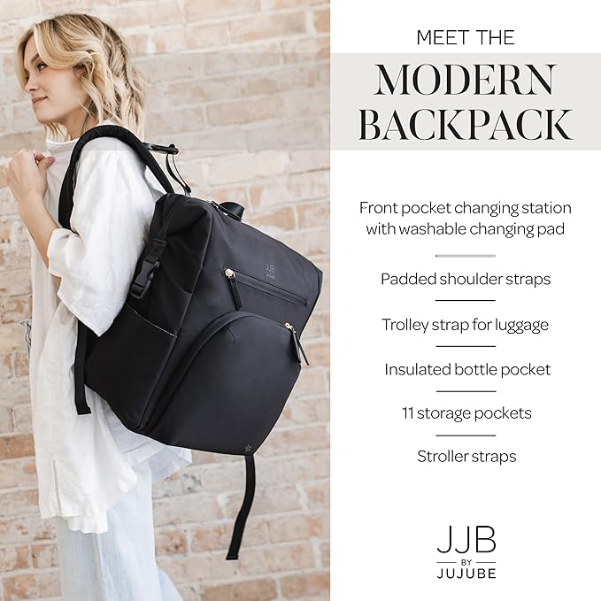 JJB by JuJuBe Modern Diaper Bag Backpack with Portable Changing Pad, Stroller Straps, Large Travel Backpack for Boy or Girl, Carrying Baby Bottles, Wipes, Diapers, Pacifiers, Black, Mother's Day Gift