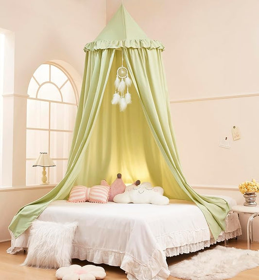 Akiky Kids Bed Canopy for Crib & Twin Size with Ruffles Dreamcatcher, Boys Princess Girls Nursery Room Decor Toddler Baby Dome Round Hanging Tent Curtains Skirt Over Bed Reading Nook Play Tents Green