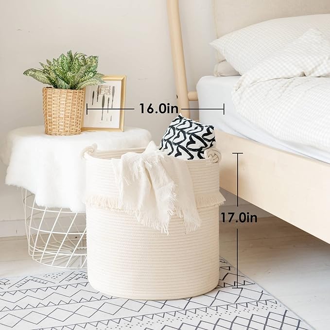 CherryNow Extra Large Woven Storage Baskets – 17'' x 16'' Cotton Rope Decorative Hamper for Magazine, Toys, Blankets, and Laundry, Cute Tassel Nursery Decor - Home Storage Container Off-white