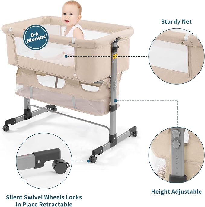 3in1 Bedside Crib for Girl or Boy, Bedside Sleeper for Baby Portable and Adjustable Crib with Mosquito net for Newborn Baby,Deep Khaki