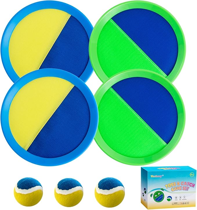 Beach Toys - Outdoor Games for Kids, Toss and Catch Ball Set with 4 Paddles 3 Balls, Toys for 3 4 5 6 7 8+ Year Old Boys Girls Christmas Birthday Gifts (Blue and Green)