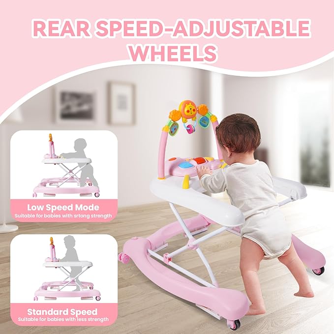 Baby Walker, 5 in 1 Baby Walkers for Boys Girls 6-12 Months, Foldable Walkers for Babies with Bouncer & Feeding Tray, Music, Adjustable Heights, Activity Walker for Infant