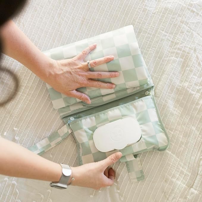 Tiny Twinkle Portable Diaper Changing Pad – Foldable, Waterproof & Compact Travel Changing Mat with Storage | Smart Wipes Pocket for On-The-Go Parents(Sage Checkers)