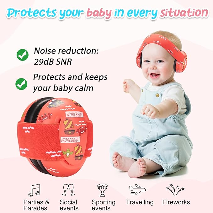 Infant Ear Protection Noise Cancelling Baby Ear Muffs, Toddler Hearing Protection with Adjustable Elastic Headband，Sailboat