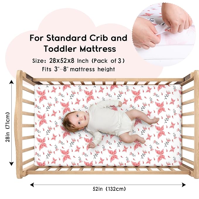 Yoofoss Baby Crib Sheets for Boys Girls, Fitted Crib Sheet 3 Pack for Standard Crib and Toddler Mattress, Super Soft Microfiber Baby Sheet 28x52x8in Butterflies