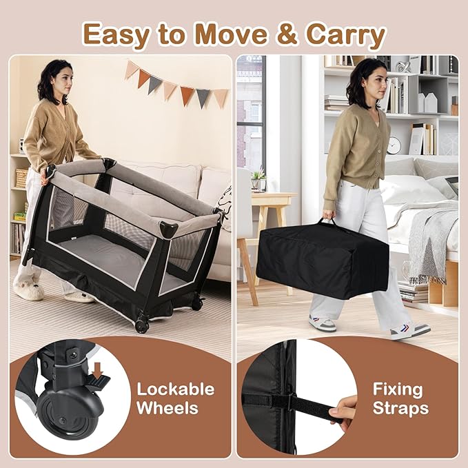 HONEY JOY Pack and Play, 5 in 1 Portable Infant Playpen with Bassinet & Changing Table, Storage Bag, Music Box, Toys, Carry Bag, Nursery Center, Baby Playard Pack n Play Crib for Boys Girls