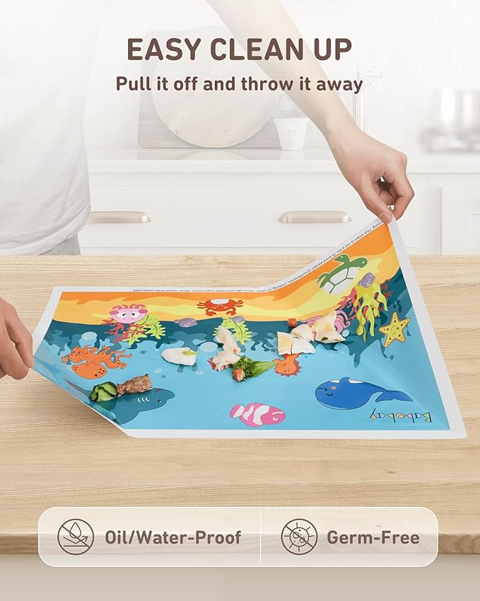 Disposable Stick-on Placemats 40 Pack for Baby & Kids, Toddler Placemats in Reusable Pouch 12" x 18" (Blue Ocean Life)