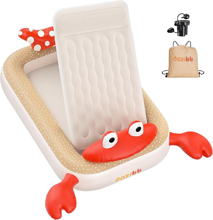CoziBB Inflatable Toddler Travel Bed, Portable Travel Bed with Flocked Mattress, Built-in Pillow & Carry Bag, 4 Side Safety Bumpers for Toddlers-Hermit Crab