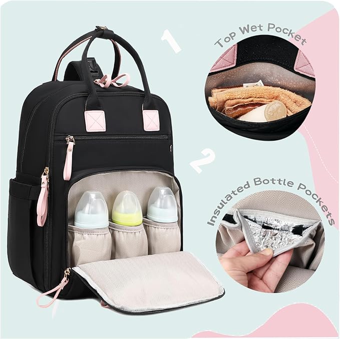 18 Pockets Diaper Bag Backpack with Waterproof Pockets and Stroller Buckle, Convertible Tote Bag (Black, Large)