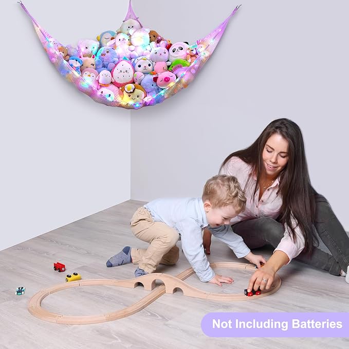 Unicorn Castle Stuffed Animals Net or Hammock Kids Toy Storage Organizer with LED Light Hanging Corner Stuffed Animals Holder Kids Girls Room Decor (Pack of 1)