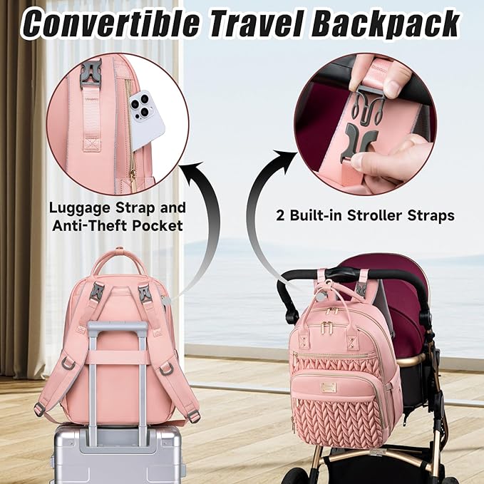 Diaper Bag Backpack,Stylish Baby Diaper Bag,Waterproof Travel Diaper Backpacks Baby Bags with Changing Pad,Stroller Straps,Insulated Pockets (Pink)