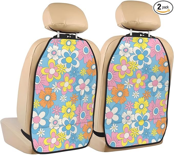 Retro Flowers Car Kick Mats Back Seat Protector 2 Pack Auto Seat Back Covers with 3 Organizer Travel Accessories Universal Vehicle Interior from Dirt, Mud