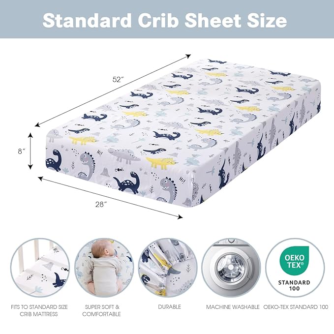 Plushii Crib Sheets for Baby Boys 4 Pack, 28"x 52" Extra Soft Microfiber Crib Sheet Set for Standard Crib & Toddler Mattress Pad, Dinosaur & Elephant & Stars & Navy Blue