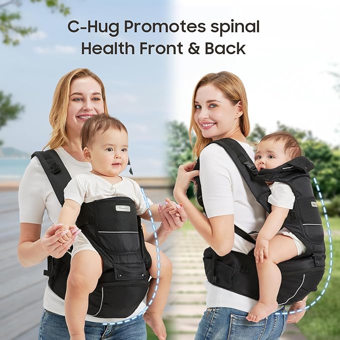 2-in-1 Baby Carrier Hip Seat - Front Back Hip Carry - Ergonomic M Seat Posture - Breathable Mesh - Newborn to Toddler 5-45 lbs (Black)