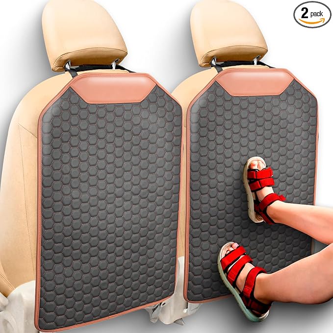 Owleys Premium Leather Car Seat Protector for Back Seat - Back Seat Cover for Kids - Car Kick Mat Back of Seat Protector for Kids Feet Car Seat Back Protector - 2 Pcs Hexy