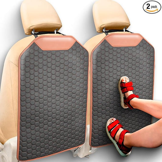 Owleys Premium Leather Car Seat Protector for Back Seat - Back Seat Cover for Kids - Car Kick Mat Back of Seat Protector for Kids Feet Car Seat Back Protector - 2 Pcs Hexy