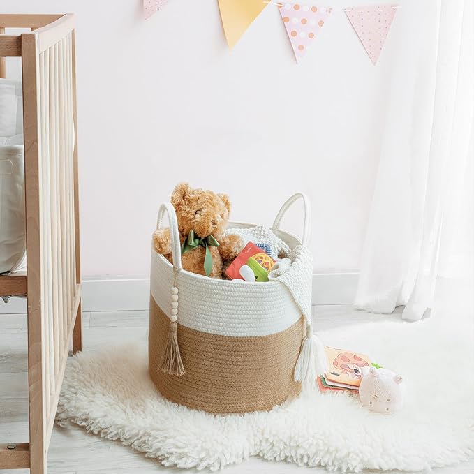 Mkono Woven Storage Basket Decorative Rope Basket Wooden Bead Decoration for Blankets,Toys,Clothes,Shoes,Plant Organizer Bin with Handles Living Room Home Decor, 11" W × 11" L, Cream White and Brown