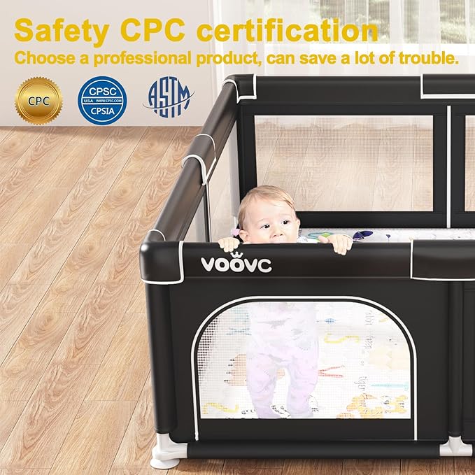 Premium Baby Playpen with Mat, 71x60 Inches Extra Large Playpen for Babies and Toddlers, Indoor & Outdoor Activity Center, Safety Baby Play Pen with Gate Prints Black