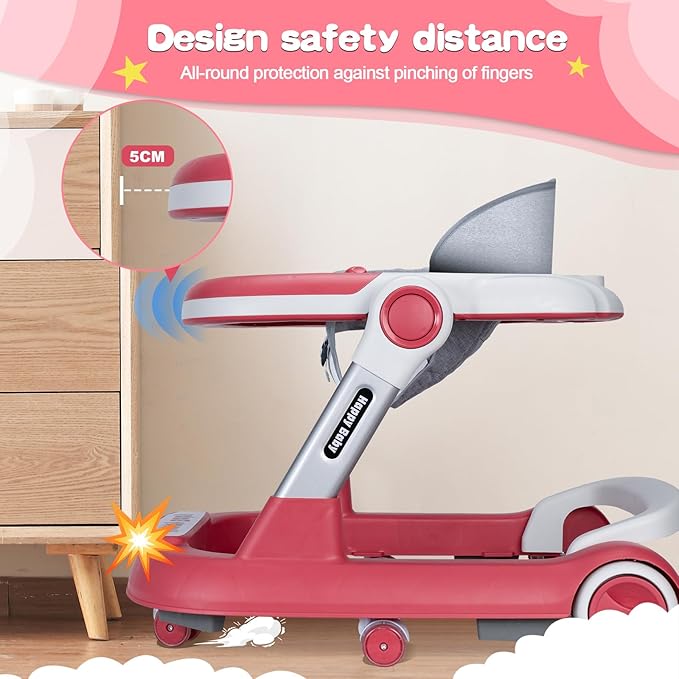 Baby Walker with Wheels 5 in 1 Foldable Activity Center with Mute Wheels Adjustable Heights Anti-Fall Push Walkers for Boys Girls Safe Infant Toddler Walker with Footrest for 6-24 Months