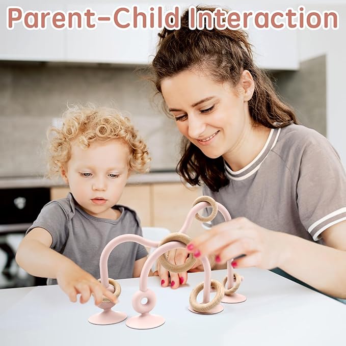 Baby Sensory Teething Chew High Chair Suction Toys for Infant Toddlers 6 12 18 24 Months Gifts, Food Grade Silicone Teether with Oak Loop Montessori Educational Baby Bath Toy (Pink)