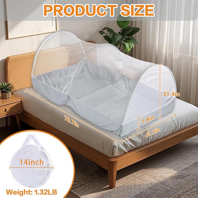 Pop Up Mosquito Net for Bed - Portable Mosquito Tent with Dense Mesh - Bed Tent with Easy Fold Durable Mesh for Camping, Travel, Bunk Beds and Home Protection (White Gery)