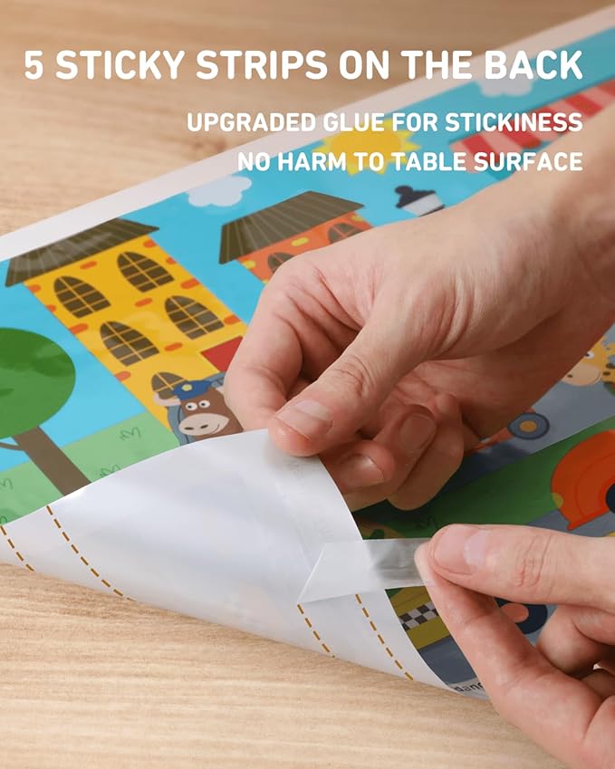 Disposable Stick-on Placemats 40 Pack for Baby & Kids, Toddler Placemats in Reusable Pouch 12" x 18" (Multicolor Animals Driving Cars)
