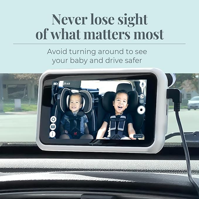 Tiny Traveler Baby Car Monitor for 2 Kids, 5” Touch Screen, No WiFi, Home Travel Roadtrip – Rear-Facing Car Seat Monitor Night Vision Baby Reminder Alert - White