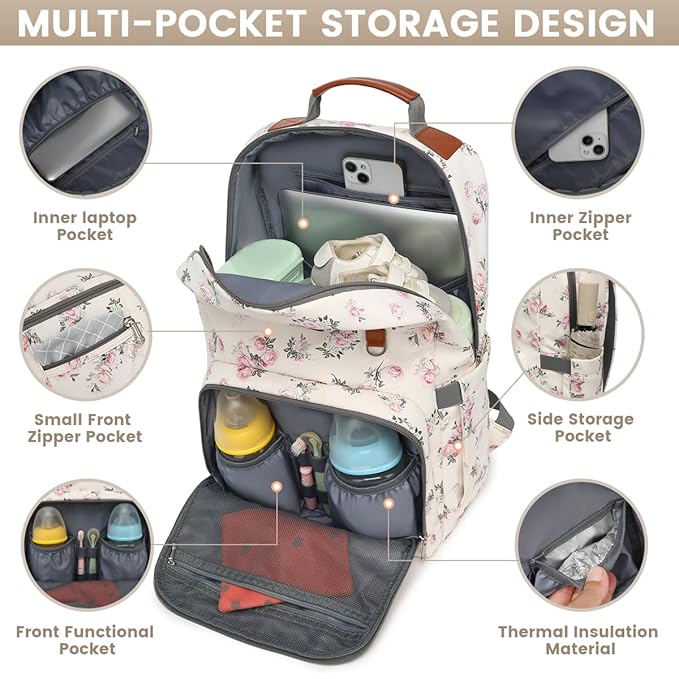 Diaper Bag Backpack, Large Baby Nappy Bags with Portable Changing Pad for Boys and GirlsMultifunction Travel Baby Bag for Moms Dads, Shower Gifts Waterproof and Stylish，Flower Beige