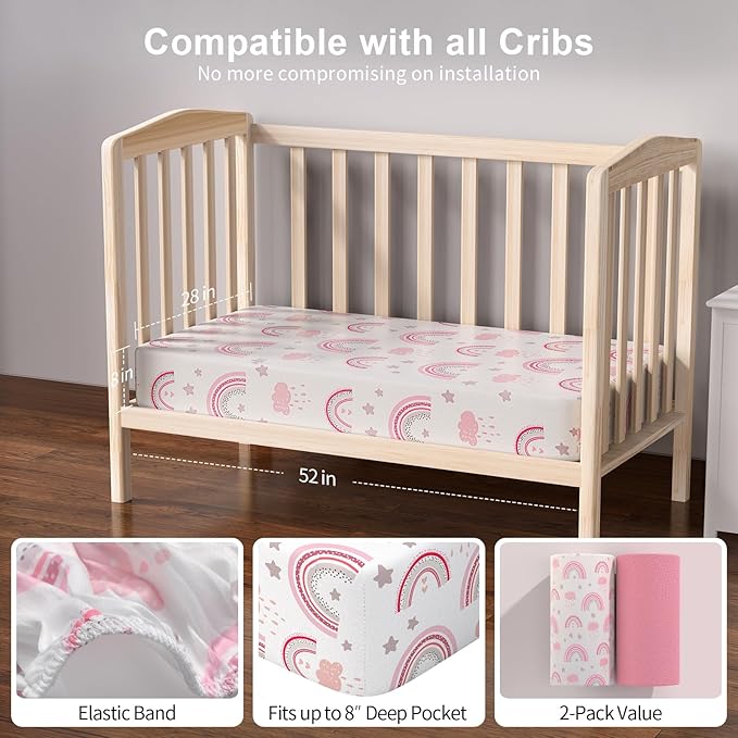 Baby Crib Sheets 2 Pack for Boys and Girls Fit for Standard Crib Toddler Mattress Breathable Soft Microfiber Baby Sheet 28x52x8in (Pink Rainbow & Pink)