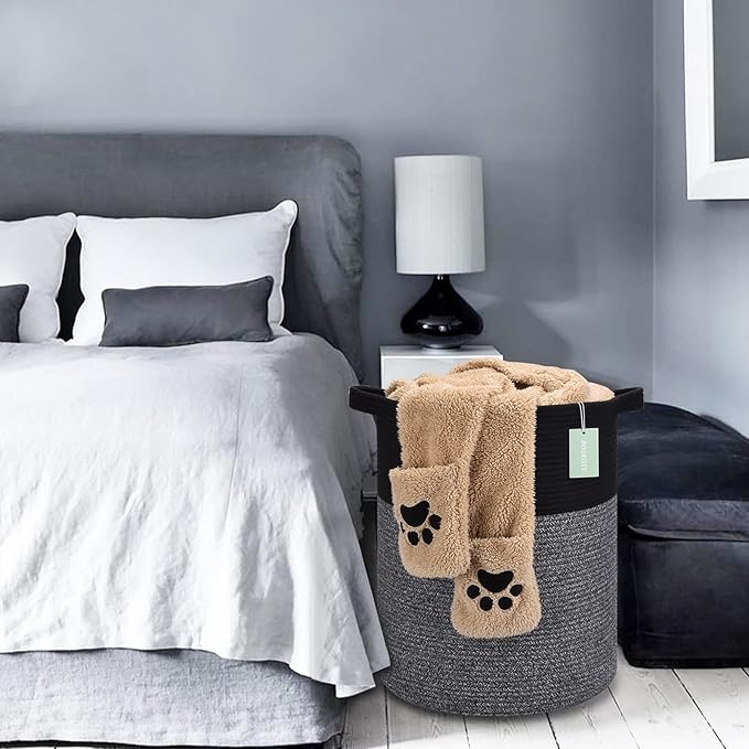 ﻿BOSROTY Large Laundry Hamper for Girls Boys Kids 72L, Nursery Hamper, Tall Laundry Basket, Cotton Rope Woven Blanket Basket for Storage Toys Clothes Towels, 16”x 22”, Black & Gray