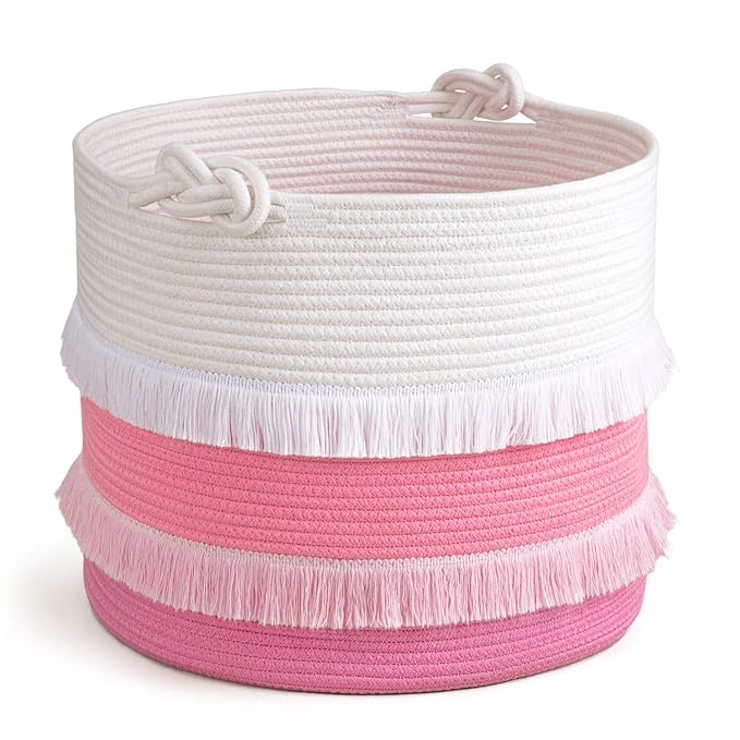 CherryNow Large Rope Basket – 16''x13'' Pink Decorative Woven Basket for Toys, Blankets, or Laundry, Cute Tassel Decor for Baby & Girl - Home Storage Container